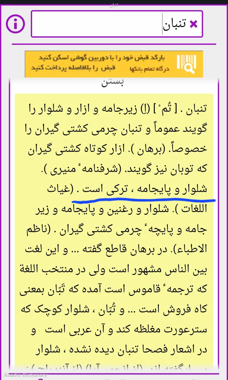تنبان - معنی در دیکشنری آبادیس